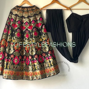 Black Banarasi Silk Lehenga Choli for Women,Designer Ready to Wear Lengha Choli, Wedding Party Stitched Lehenga Blouse, Modern Silk Lehangas