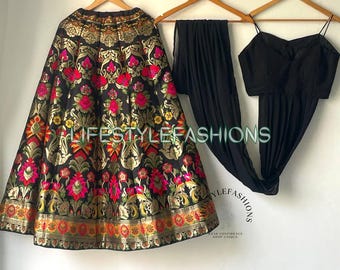 Black Banarasi Silk Lehenga Choli, Zari Weaving, Wedding Lengha