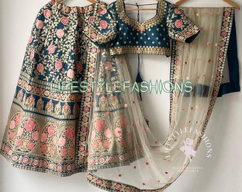Blue Bridal Lehenga Choli with Zari, Dori Embroidered, Indian Wedding Outfit for Bride