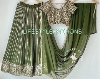 Olive Green Georgette Sequins Lehenga Choli Set: Embroidered Indian Wedding Party Outfit