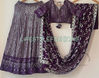 Lehenga Choli morado bordado, atuendo de boda indio