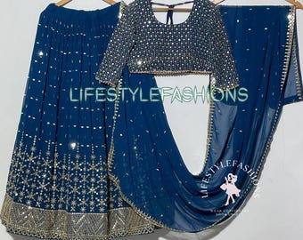 Blue Sequins Embroidered Lehenga Choli: Bollywood Party Designer Blouse for Women