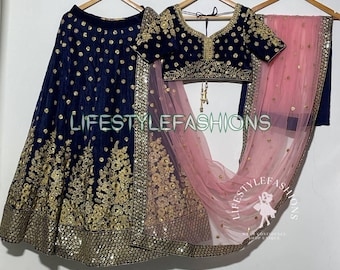 Lehenga Choli nupcial de terciopelo azul: boda india tradicional Chaniya Choli para mujeres
