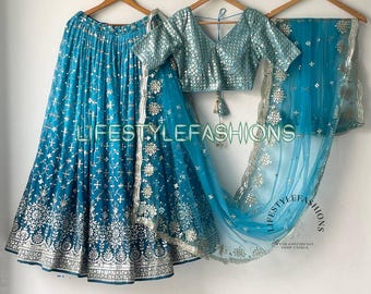 Rama Blue Georgette Lehenga Choli: Reception Party Wear Indian Ghagra Choli
