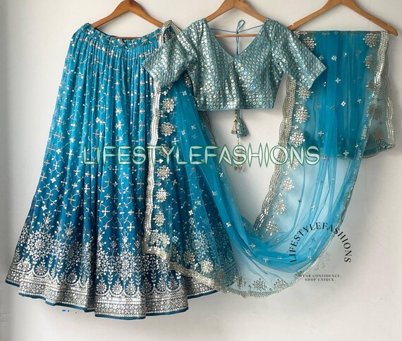Rama Blue Georgette Lehenga Choli: Reception Party Wear Indian Ghagra Choli