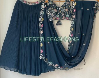 Faux Georgette Lehenga Choli: Sequins & Thread Embroidery, Wedding Guest Outfit