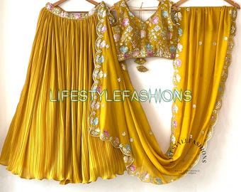 Yellow Georgette Lehenga Choli: Sequins & Thread Embroidery, Haldi Outfit