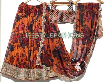 Orange Organza Lehenga Set: Engagement Wear, Ready to Wear Lengha Choli Dupatta