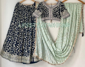Blue Embroidered Lehenga Choli: Bridesmaid Wedding Outfit with Dupatta