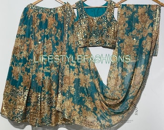 Teal Blue Floral Lehenga Choli with Sequins Embroidery: Organza Fabric Wedding Party Dress