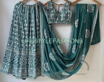 Green Georgette Lehenga Choli: Sequins & Embroidery, Indian Wedding Wear