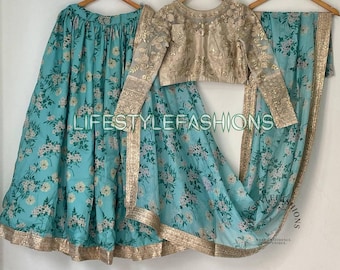 Sky Blue Organza Printed Lehenga Choli: Custom Made Designer Floral Lengha Outfits