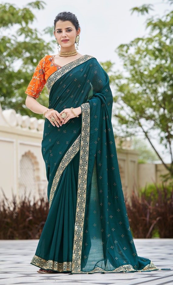 Rama Green Colour Designer Vichitra Silk Saree With Exclusive - Etsy