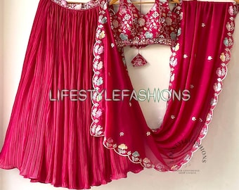 Pink Lehenga Choli: Sequined Blouse, Georgette Lengha, Indian Wedding Wear