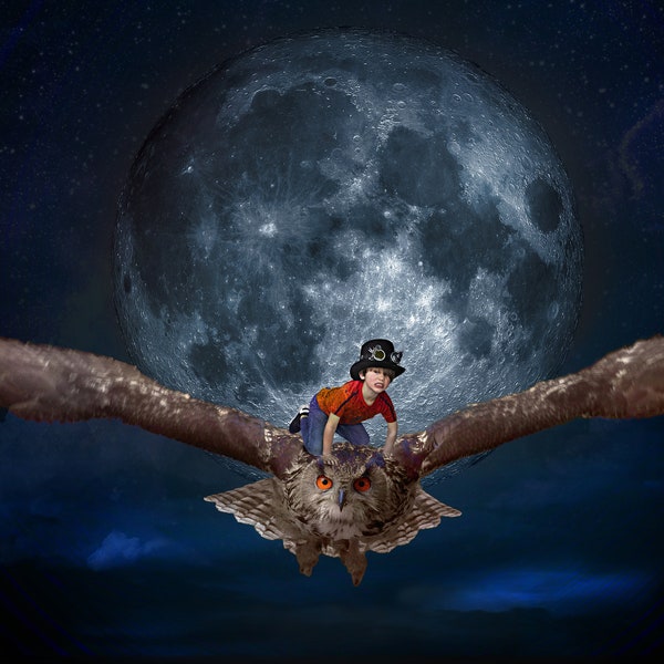 Digital fantasy composite of child riding on back of large owl Photoshop backgrounds Enchanting image for kids Portrait digital background