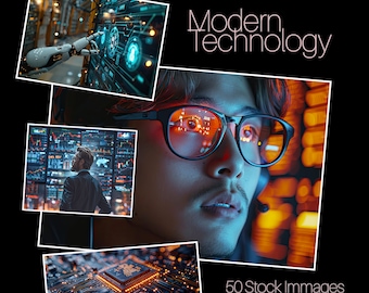 May include: A collage of images with a modern technology theme. Includes a robotic arm interacting with a digital interface, a man wearing glasses with reflections, and a man looking at data screens. Text reads "Modern Technology" and "50 Stock Images."