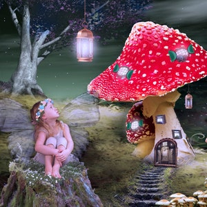 Enchanted Elf background Digital background for photographers Composite background mushroom house fairytale fantasy creation