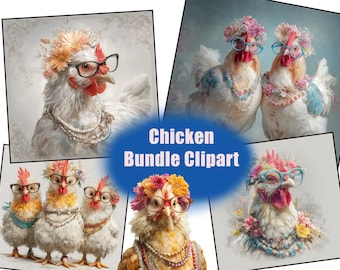 May include: A collection of whimsical chicken illustrations. Each chicken is adorned with glasses, floral headpieces, and pearl necklaces. The text "Chicken Bundle Clipart" is displayed on a blue oval.