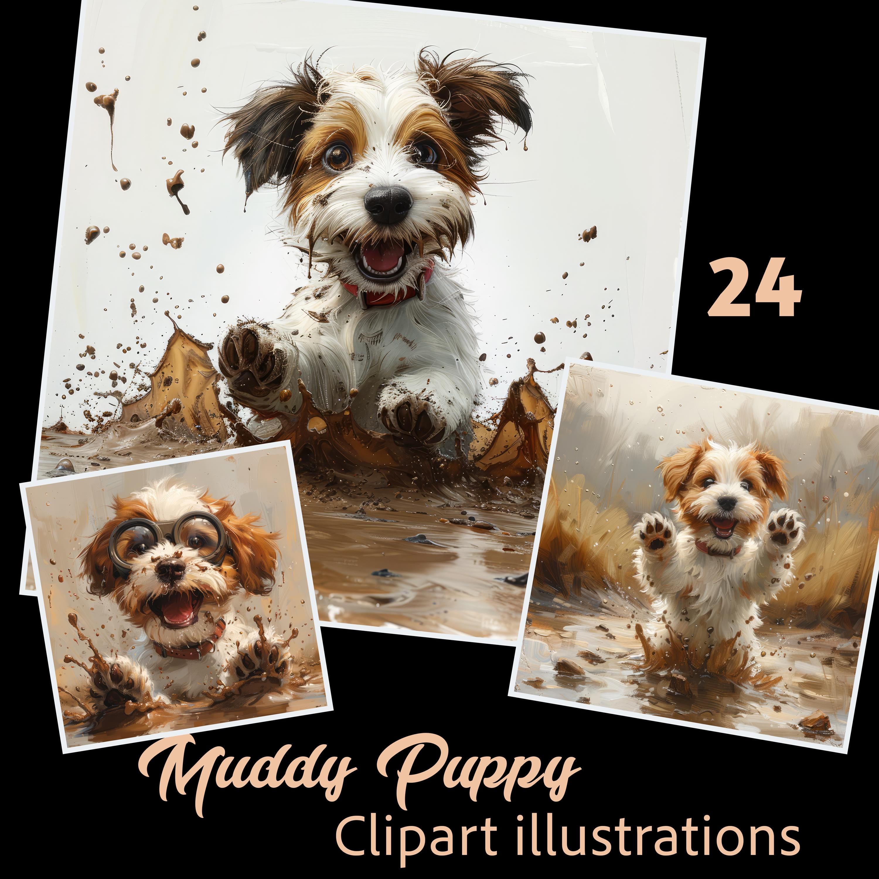 泥だらけの子犬のクリップアートイラスト、水たまりで遊ぶ子犬の水彩画