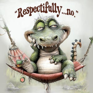 May include: A cartoon illustration of a relaxed alligator in a hammock, with the text "Respectfully...no." The alligator is green with a white belly, and is holding a mug. The hammock is red and white.