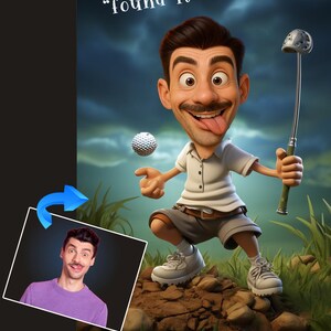 Dibujo animado de golf personalizado a partir de una foto: regalo digital divertido para golfistas, papá, esposo o amigo del golf. Descarga de arte de golf personalizado para POD.