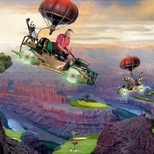 Golfen Zukunft Digitale Fotografie Hintergründe Kreative zusammengesetzte Fantasiefotos Golf Fantasy Golfkurs Golfcart Grand Schluchtansicht