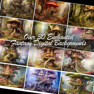 Enchanted Fantasy Backgrounds Treehouse illustrations of elven fairy forest  Digital bundle package Wall art home decor multiple use images