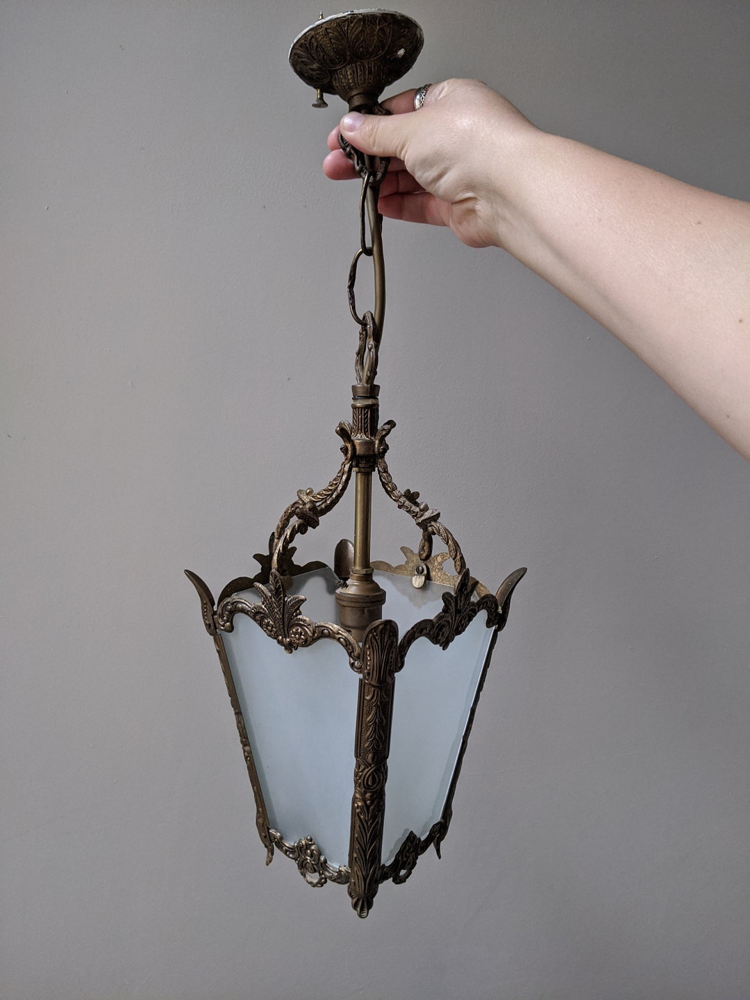 Original Victorian Antique Brass and Frosted Glass Ceiling Light