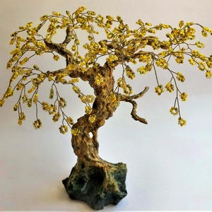 Handmade Light Yellow Bonsai | Artificial Mini Tree | Beaded Tree Sculpture made of Wire & Plaster | Zen Decoration | Unique Home Decor Gift