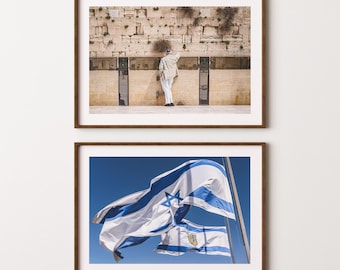 Jerusalem Print 2er-Set | Poster zum Ausdrucken Jüdische Wandkunst | Western Wall & Israelische Flagge Drucken | Kotel Fotografie | Heiliges Land Dekor