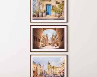 Tel Oriental Poster 3er-Set | Poster zum Ausdrucken Jaffa Blaue Tür, Tel Oriental Jaffa Uhrenturm | Mediterrane Wandkunst | Israel Wohnkultur | Jüdisch