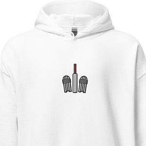 Cricket Shin Pads Embroidered Hoodie Gift, Unisex Handmade Long Sleeve Hoody - 10 Colour Choice