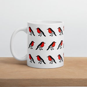 Robin Glossy Ceramic Bird Mug - Coffee Mug with Repeated Pattern - 11oz