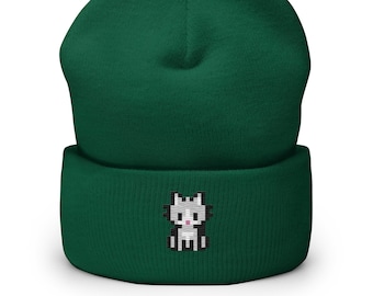 Grey Cat Pixel Art Embroidered Beanie, Handmade Cuffed Knit