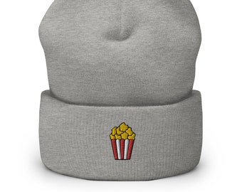 Popcorn Embroidered Beanie, Handmade Cuffed Knit Unisex Slouchy Adult Winter Hat Cap, Movie Themed Gift