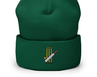 Cricket Bat Embroidered Beanie, Handmade Cuffed Knit Unisex Slouchy Adult Winter Hat Cap, Cricket Gift
