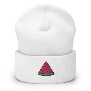 Melon Embroidered Beanie, Handmade Cuffed Knit Unisex Slouchy Adult Winter Hat Cap, Fruit Gift