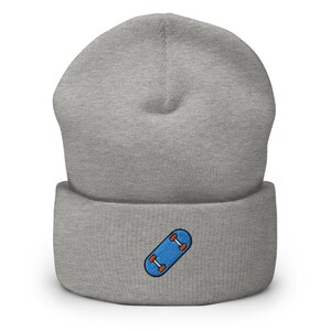 Skateboard Embroidered Beanie, Handmade Cuffed Knit Unisex Slouchy Adult Winter Hat Cap, Skate Themed Gift