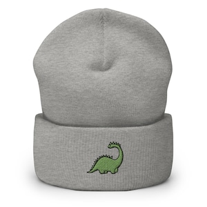 Dinosaur Embroidered Beanie, Handmade Cuffed Knit Unisex Slouchy Adult Winter Hat Cap, Gift