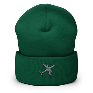 Aeroplane Embroidered Beanie, Handmade Cuffed Knit Unisex Slouchy Adult Winter Hat Cap, Plane Themed Gift