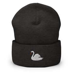 Swan Embroidered Beanie, Handmade Cuffed Knit Unisex Slouchy Adult Winter Hat Cap, Bird Gift