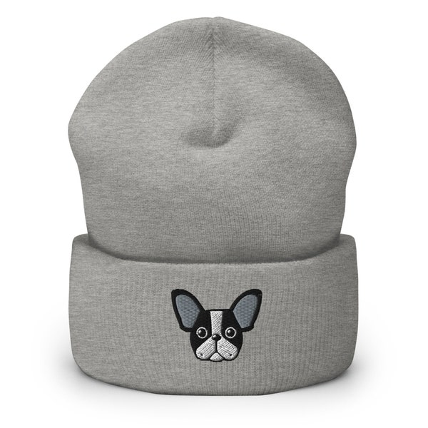 Bonnet brodé Français Bulldog, bonnet de chapeau d’hiver unisexe en tricot à revers fait à la main, cadeau sur le thème du chien