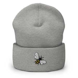 Honey Bee Embroidered Beanie, Handmade Cuffed Knit Unisex Slouchy Adult Winter Hat Cap, Wasp Bee Gift