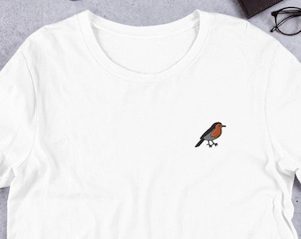 Robin Bird Embroidered T-Shirt Gift, Unisex Premium Short Sleeve Shirt - 9 Colour Choice