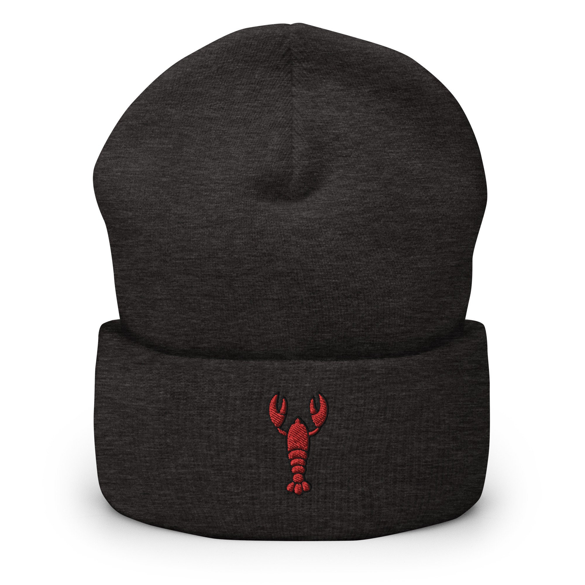 Lobster Embroidered Beanie, Handmade Cuffed Knit Unisex Slouchy Adult Winter Hat Cap, Gift