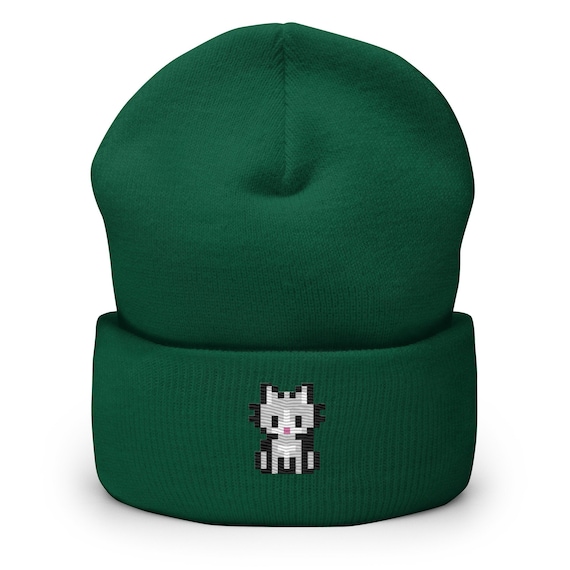 Grey Cat Pixel Art Embroidered Beanie, Handmade Cuffed Knit
