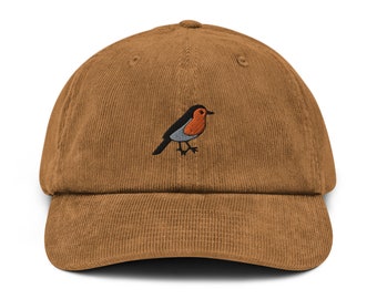 Robin Corduroy Hat Brodé Unisexe Corduroy Dad Cap, Casquette réglable faite à la main, Cadeau sur le thème des oiseaux