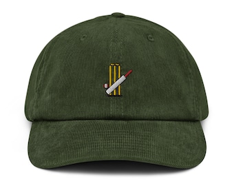 Cricket Bat Corduroy Hat Embroidered Unisex Corduroy Dad Cap, Handmade Adjustable Cap, Cricket Gift, 4 Colour Choice