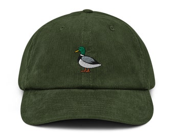Mallard Duck Corduroy Hat Embroidered Unisex Corduroy Dad Cap, Handmade Adjustable Cap, Gift, 4 Colour Choice