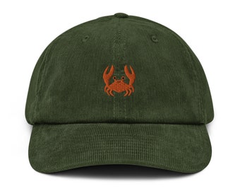 Crab Corduroy Hat, Embroidered Unisex Corduroy Dad Cap, Handmade Adjustable Cap, Gift